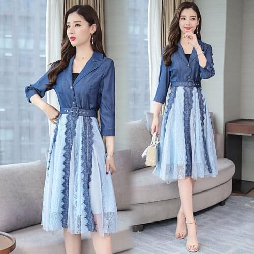 Woman Casual Denim Mesh Patchwork Denim Dress Vintage Dresses Office Lady Work Blue Dress Vestidos Fashion Female Summer Dress