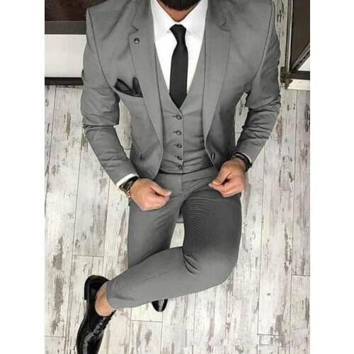 ANNIEBRITNEY Grey 3 Piece Slim Fit Men Fashion Suit Cutsom Groom Wedding Tuxedo Prom Wedding Tailor Made Men Suit With Pants
