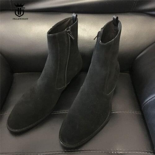New Handmade Customized High Slim Suede Black Genuine Leather Cowbody Chelsea Boots Wedge Dress Wedding Zipper Boots