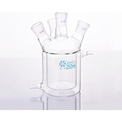 Double-deck cylindrical Four-necked flat bottom flask,Capacity 250ml,Joint 24/29,Mezzanine jacketed reactor bottle