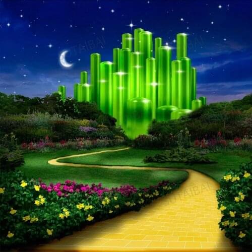 Fairy Tale Emerald Castle Wonderland Girl Backdrop Photography Photo Booth Night Moon Star Forest Flowers Road Photo Background