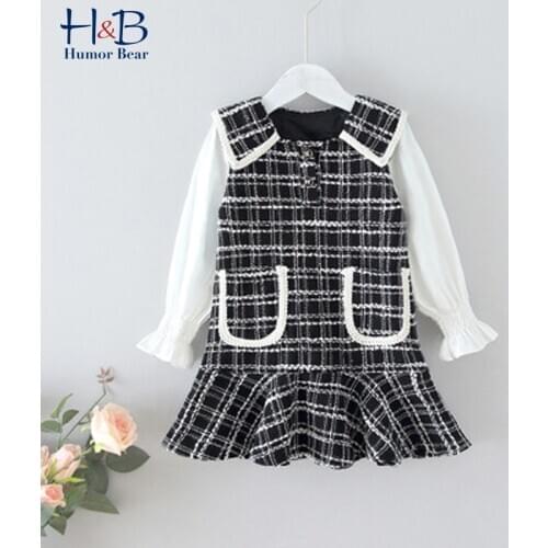 Humor Bear Girls Dress Autumn Winter Long Sleeve Laper Collar Plaid Patchwork Sweet Children Princess Dress For 1-5Y