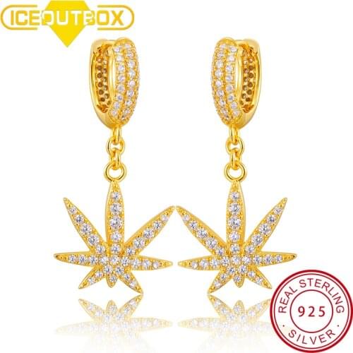 ICEOUTBOX 925 Silver Minimalist Maple Leaf Earrings For Women Men Hip Hop Fashion Jewlery Ice Cubic Zirconia Earring Unisex Gift