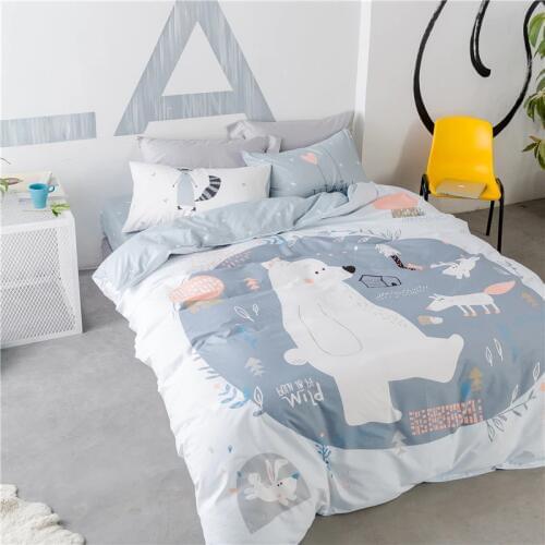 Bear and Fox Printed Summer Bedding Set Kids Gray Bedclothes Duvet Cover Set Comfortable 100% Cotton Bed Set with sheet