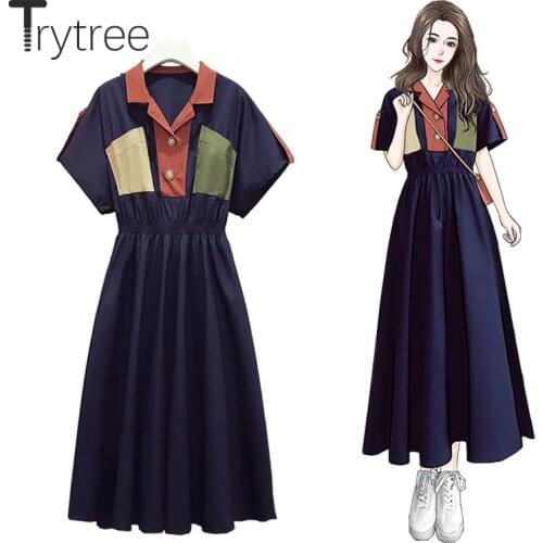 Trytree Summer Womens Dress Casual Turn-down Collar Panelled Pockets Elastic Waist Office Lady Buttons Shirt Dress Ankle-length