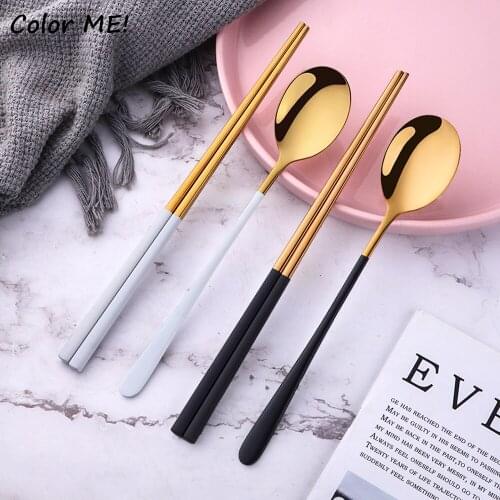 2Pcs 18/8 Stainless Steel Cutlery Set Sushi Sticks Coffee Tea Spoons Set Dinnerware Korean Chopsticks Dessert Spoon Flatware Set