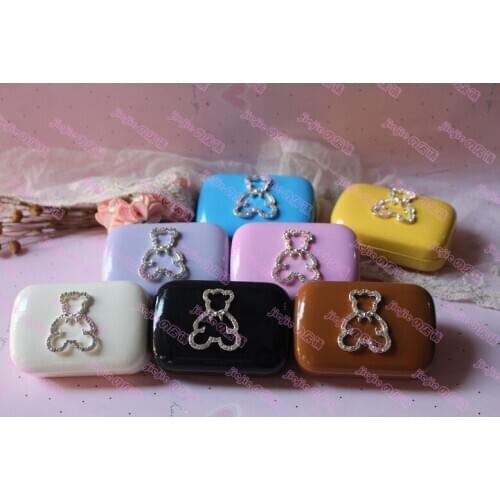 New DIY handmade wonderful fashion cute cartoon bear contact lenses box plastic leather case color random 3pcs/lot 8.4*5.5*2.8CM