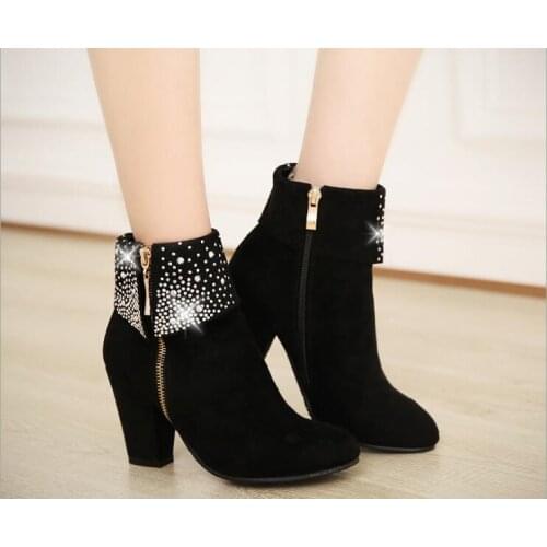 New Stretch women sudes boots Women Shoes Slip ankle boots spring winter elegant Square high heels shoes female Plus size