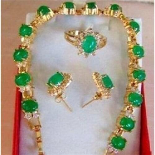 Charming Set Jewelry Real Green Jades Bracelet Earring Ring