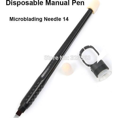 10pcs Disposable Tattoo Manual Pen with Black Sponge Ring Cup Microblading Pen with Lamina Tebori 14 Flex Eyebrow Pen for Lip