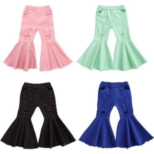 Toddler Ripped Trousers Baby Girl Elastic Waist Frayed Raw Hem Flared Pants Solid Color Bottoms