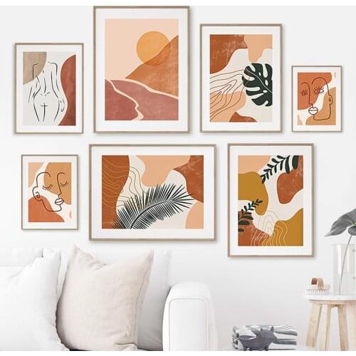 Nordic Posters And Prints Girl Face Leaf Lines Sun Boho Abstract Landscape Wall Art Canvas Painting Wall Picture For Living Room