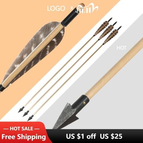 6pcs/pack,Traditional Wooden Arrows Hunting Archery 20~70lbs Spine Turkey Feathers Arrow For Longbow Compound Bow