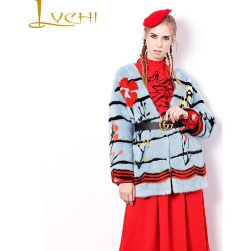 LVCHI Winter 2019 Real Fur Mink Coat Nine Quarter Print Natural Fur Causal Striped Coat WomensV-Neck Medium Loss Mink Coats