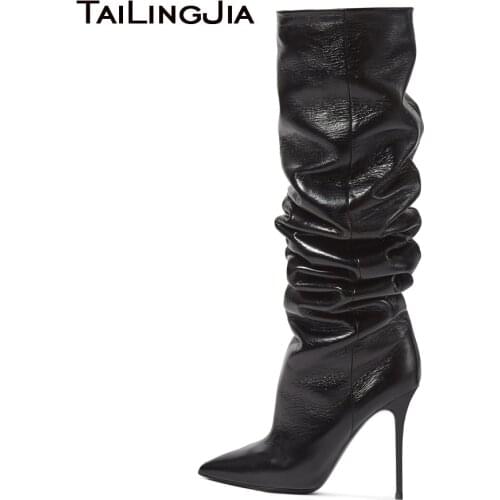 2017 Womens High Heel Pointed Toe Brown Blue Knee High Slouch Boots Black Ladies Winter Shoes Plus Size Wholesale