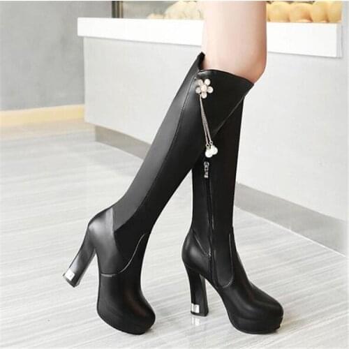 PXELENA Elegant Lady Riding Long Boots Office Party Dress Chunky Block Square High Heels Knee High Boots Women Shoes 2018 Winter