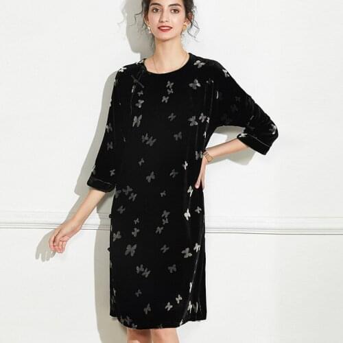 Vintage Fashion Three Quarter Silk Velvet A-line Dress Women Round Neck Black Butterfly Pattern Knee-length 2XL Maxi Dresses