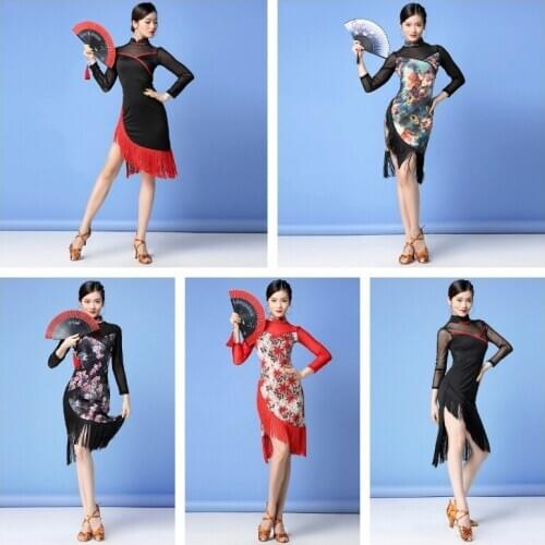 Lady Women Cheongsam Dress Tassel Mesh Print Dance Ballroom Salsa Tango Latin Samba Net Yarn Fringed Cheongsam Dress 909-507