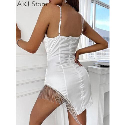 Women Sexy Solid V-Neck Studded Shiny Tassel Side Satin Mini Dress