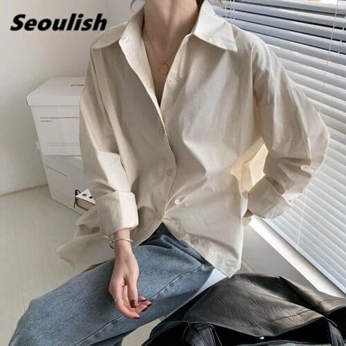Seoulish 2021 New Spring Summer Cotton White Womens Blouse Single Breasted Long Sleeve Solid Female Casual Loose Shirts Tops