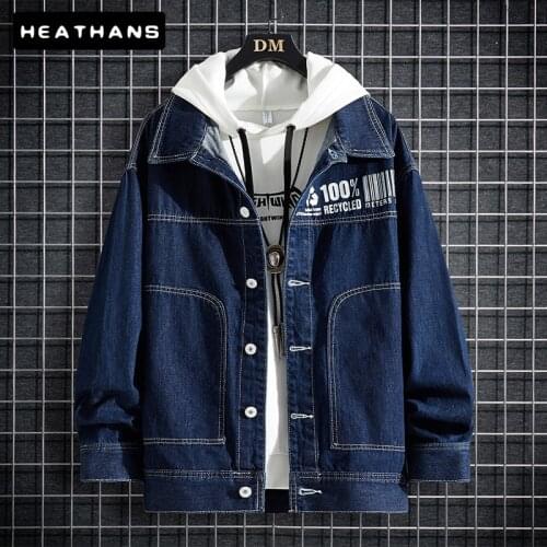 Autumn Winter Jean Jacket Mens Dark Blue Single-breasted Casual Denim Jacket Male Letter Printing Thicken Youthful Loose Jackets