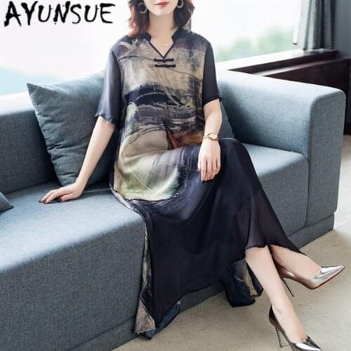 AYUNSUE Summer Silk Plus Size Dress Women Floral Casual Dress Elegant Vintage Long Dresses V Neck Party Vestidos 2020 KJ4185