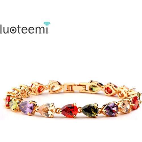 LUOTEEMI Fashion Colorful AAA Water Drop Shape Cubic Zircon Champagne Gold-Color Bracelet Bangles for Women