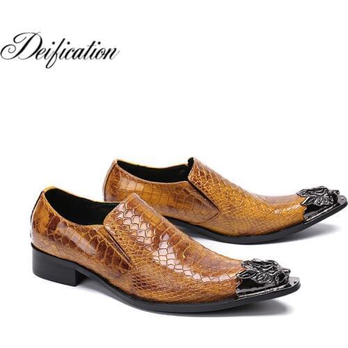 Deification Luxury Metal Pointy Toe Business Formal Shoes Mens Flats Slip-On Brown Leather Shoes Fashion Dress Shoes For Men