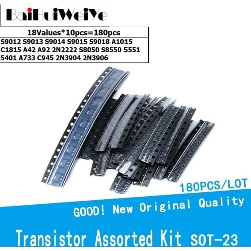 180pcs/lot Transistor Assorted Kit SOT23 18Values S9012 S9013 S9014 S9015 S9018 A1015 C1815 A42 A92 2N2222 S8050 S8550 5551 5401