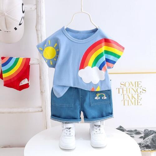 Baby Girls Clothes Children Summer Strips rainbow T Shirts Shorts 2Pcs/sets Infant Kids Fashion Toddler boys Clothing Tracksuits