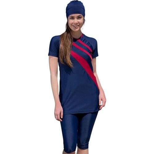 Wholesale Muslim Swimwear Womens Conservative Swimwear O Neck Short Sleeve Splice Sunscreen Beachwear