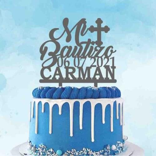 Personalized Baptism Cake Topper Custom Name Date Spanish Mi Bautizo For Kids Baptism Party Cake Decoration Topper