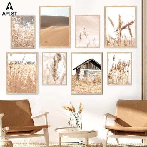 Autumn Wheat Field Reed Wall Art Landscape Canvas Print Poster Desert Weed Wooden House Painting Plant Picture Home Room Decor