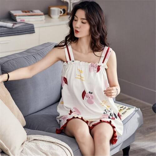 Pajamas women summer cotton suspenders shorts suit home service princess style Korean version sweet lounge set new 2020