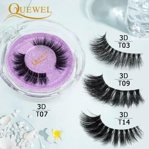Quewel Mink Transparent Band False Lashes 3D-T14 Clear Band Mink Eyelash Dramatic Volumn Eyelashes Natural Crystal Makeup Tool