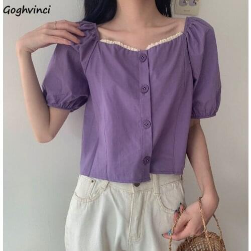 Shirts Women Puff Sleeve Sweet Solid Lace Square Collar Simple All-match Street Korean Style Candy Color Girls Party Leisure Top