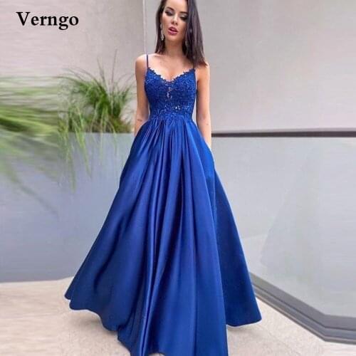 Verngo Blue A Line Long Prom Dress Lace And Satin Spaghetti Straps Evening Gowns Floor Length Party Dresses Maid Of Honor Gowns