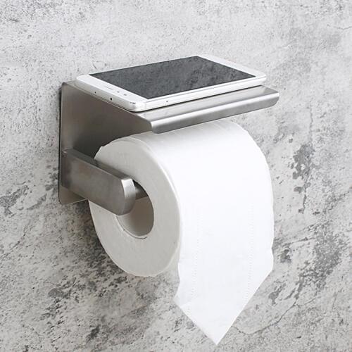 SUS304 Stainless Steel Brushed Toilet Paper Holder With Cellphone Shelf Wall Mounted Matt Black Toilet Roll Holder Free Nail