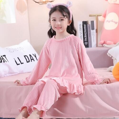 2021 Spring Autumn Kids Pajamas Girls Flannel Sleepwear Children Ribbed Lounge Set Toddler Teenagers Clothing