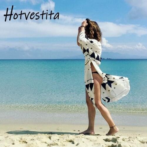 Hotvestita Women Beach Cover Up Sexy Cotton Print Drawstring Bandage Robes Half Sleeve Split Bikini Loose Beach Wrap Cardigan