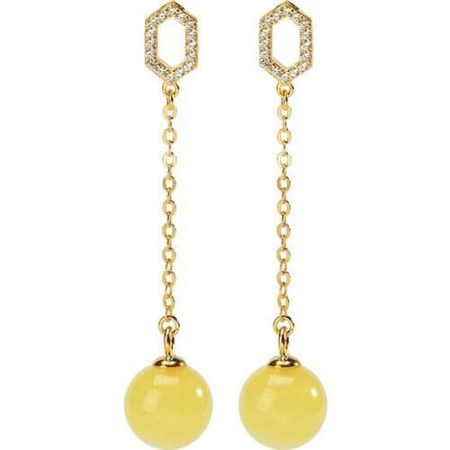 S925 sterling silver gold-plated natural amber beeswax stud earrings fashionable elegant womens long round beads eardrop
