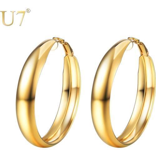 U7 Girls Hoop Earrings Gold Stainless Steel Large Size 40mm Circle Round Vintage Loop Earring For Women Brincos Jewelry E1012