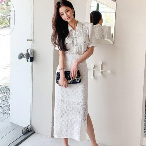 New 2021 Summer Women 2 Piece Set Elegant White Lace Embroidery Shirt Tops + High Waist Bodycon Sexy Split Skirt Outfits