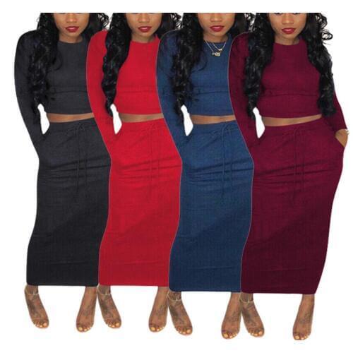 Autumn sexy skirt two-piece womens retro solid color long-sleeved bandage short t-shirt + fashion charming bag hip skirt suit