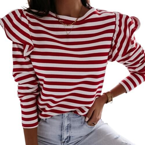 Woman sweaters Fashion Autumn Striped Ruffles Blouse Long Sleeve woman sweaters O Neck Pullover Top свитера женские 2020