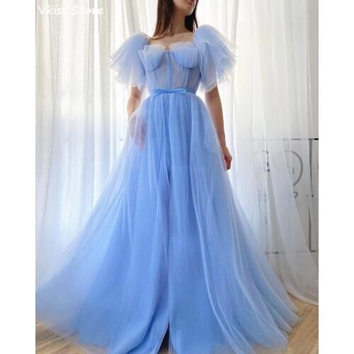 2021Blue Evening Dress Short Sleeves Sweetheart Neck A-line Floor Length Simple Illusion Prom Dress robe de soirée de mariage