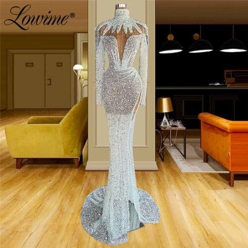 Lowime Illusion Long Party Dresses See Through Mermaid Evening Gowns 2021 Dubai Arabic Beads Customized Prom Dresses Robes