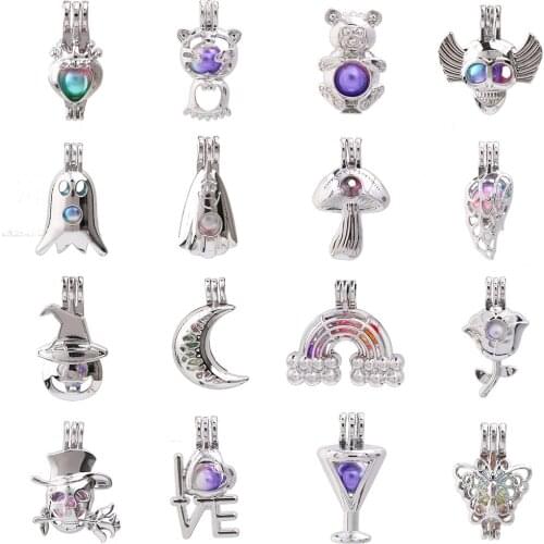 1pc Mixed Halloween Ghost Skull Moon Wing Love Pearl Cage Pendant Bead Cage Essential Oil Diffuser Lockets for Oyster Pearls