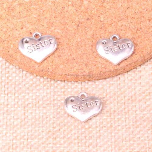 15pcs Charms double sided heart sister Antique Silver Plated Pendants Fit Jewelry Making Findings Accessories 13*15mm