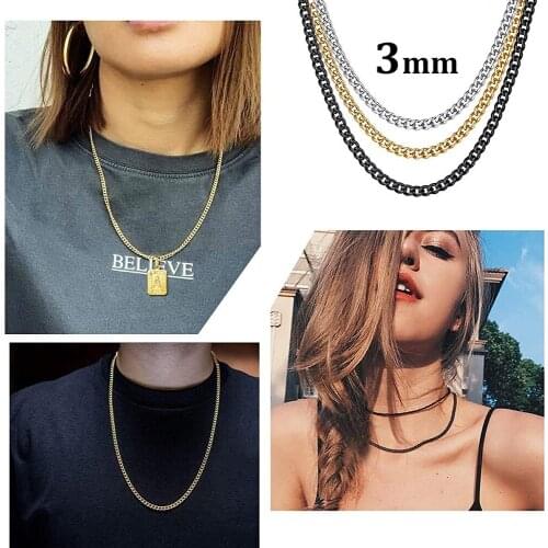 3MM 18K Gold Plating Women Necklaces 100% Stainless Steel Cuban Link Chains Thick Basic Choker Jewelry Fashion Punk Femme Gifts